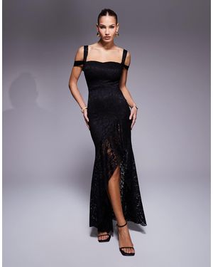 True Violet Asymmetric Lace Ruffle Gown - Black