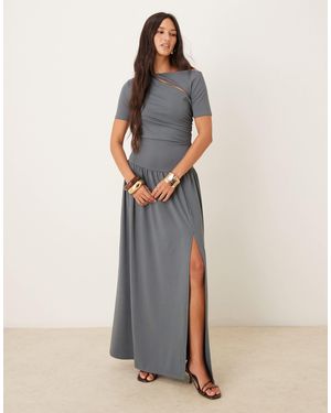 ASOS Premium Cut Out Ruched Drop Hem Maxi - Natural
