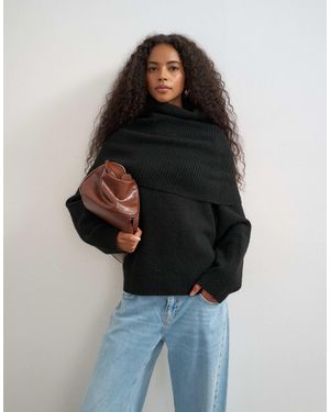 TOPSHOP Knitted Wool Blend Deep Fold Bardot Sweater - Black