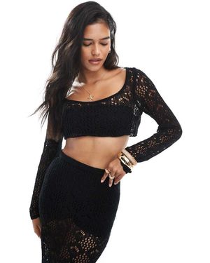 Miss Selfridge Top Playero Muy Corto De Manga Larga De Croché De - Negro