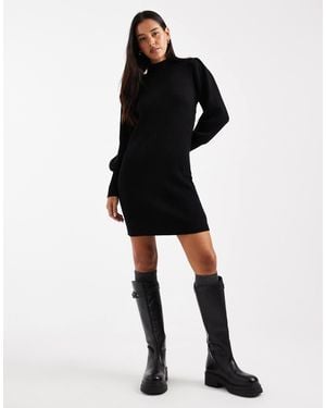 ONLY High Neck Puff Sleeve Mini Sweater Dress - Black