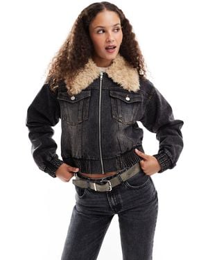 emory park Denim Oversized Bomber With Faux Shearling - Black