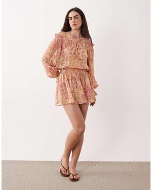 Aray Sheer Off Shoulder Mini Beach Dress - Pink