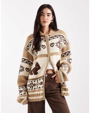 Daisy Street Zip Up Oversized Cardigan With Bunny Graphic - Brown