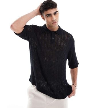 Jack & Jones Knitted Crochet Polo Shirt - Black