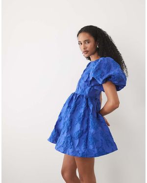 Sister Jane Clover Exclusive Jacquard Puff Sleeve Mini Dress - Blue