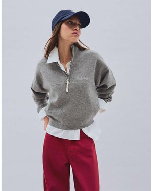 Bershka Pull zippé à broderies - Gris