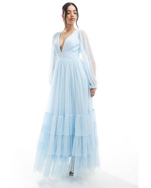 LACE & BEADS Bridesmaid Madison Long Sleeve Maxi Dress - Blue
