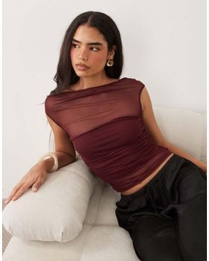 ASOS Gathe Short Sleeve Off Shoulder Mesh Top - Red