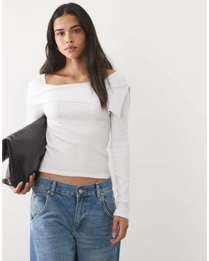 Mango Off The Shoulder Knit Long Sleeve Top - Blue