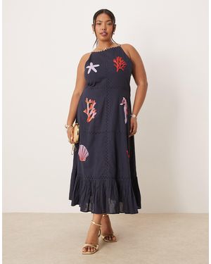 Hope & Ivy Plus Beach Embellished High Neck Midi Dress - Blue