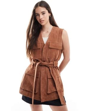 ASOS Premium Suede Trucker Belted Vest - Brown