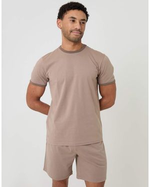 Threadbare Contrast Binding Short Lounge Set - Brown
