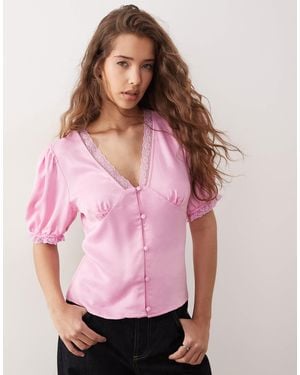 Miss Selfridge Satin Lace Trim Tea Top - Pink