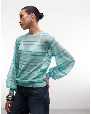 Reclaimed Vintage Sheer Knitted Striped Balloon Jumper - Blue