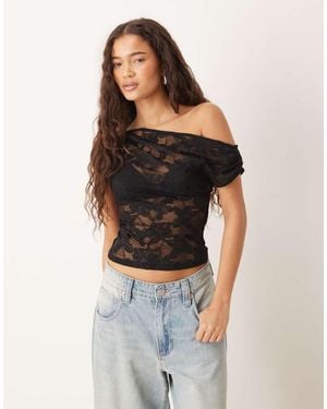 Gina Tricot Asymmetric Drapey Fallen Off The Shoulder Lace Top - Black