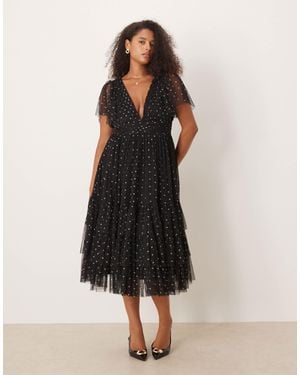 Lace & Beads Plus Tulle V Neck Midi Dress - Multicolor