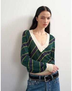 TOPSHOP X Talia Byre Jersey De Cuello De Pico De Lana Merina Semitransparente A Rayas Verdes-Multi