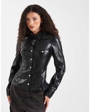 WeWoreWhat Faux Leather Western Shirt - Black