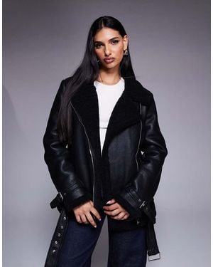 Princess Polly Leather Look Faux Shearling Buckle Detail Aviator Jacket - Black