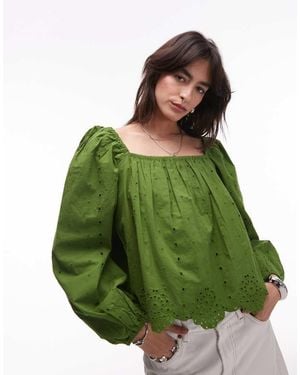TOPSHOP Cutwork Long Sleeve Top - Green