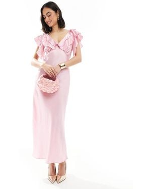 New Look Vestido Midi Rosa Con Mangas De Volantes De Satén De