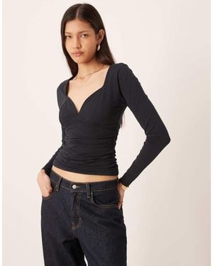 Abercrombie & Fitch Sweetheart Neck Long Sleeve Top With Built-in Bra - Blue