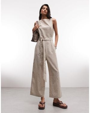 Monki Linen Sleeveless Wide Leg Jumpsuit With Tie Belt Detail - White