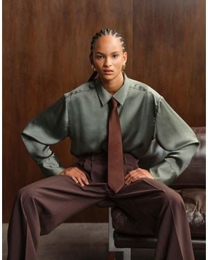 ASOS Satin Cinch Oversized Shirt With Contrast Tie - Brown