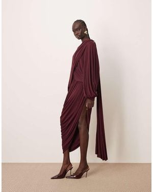 ARRANGE Fallen Shoulder Draped Midi Dress With Train Back - Purple