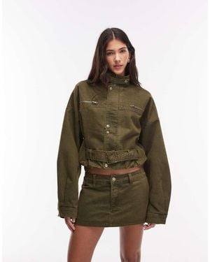 Lioness Rinata Cotton Blend Funnel Neck Drop Shoulder Wide Belt Detail Cropped Utility Jacket Co-ord - Green