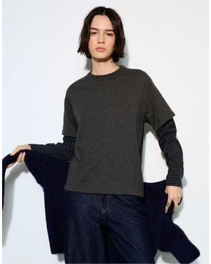 Pull&Bear Double Sleeve Checked T-Shirt - Blue