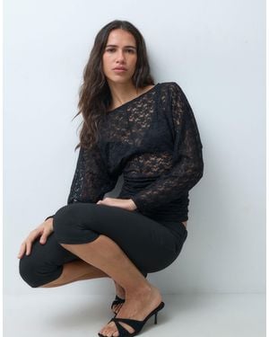 ASOS Sheer Lace Boat Neck Batwing Long Sleeve Top With Ruched Waist - Black