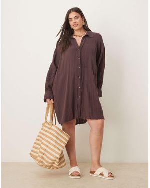 ASOS Asos Design Curve Relaxed Laundered Shirt Mini Dress - Brown