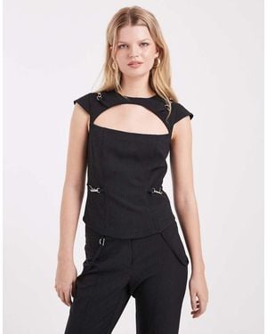Collusion Tailored Pinstriped Buckle Top - Black