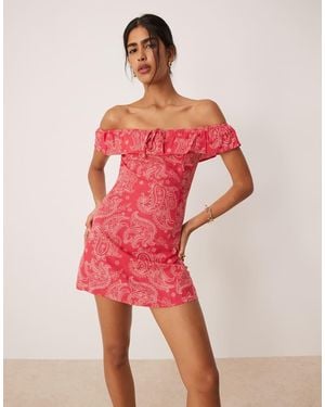Motel Kenja Paisley Off Shoulder Ruffle Mini Dress - Red