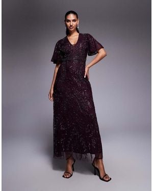 Beauut Fully Embellished Beaded Mech V-neck Flutter Sleeve Maxi Dress - Blue