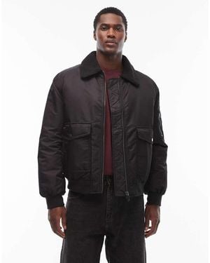 ASOS Oversized Bomber Jacket With Borg Fleece Collar - Blue