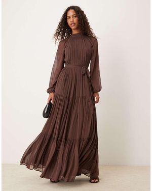 LACE & BEADS Chiffon Balloon Sleeve Maxi Dress - Brown