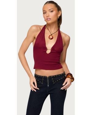 Edikted Missie Knitted Plunge Neck Halter Top - Red