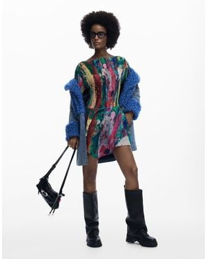 Desigual Ruched Asymmetric Dress - Blue