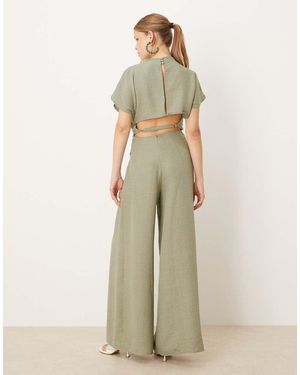 ASOS Linen Look Open Back And Ruched Detail Jumpsuit - Natural