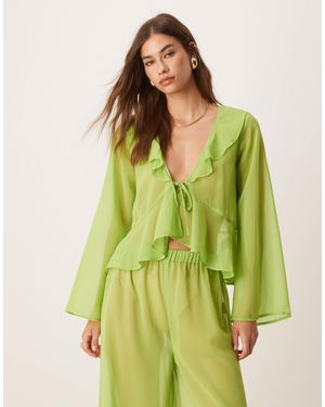 esmé studios Esmee Exclusive Mesh Long Sleeve Beach Crop Top Co-ord With Ruffle Detail - Green