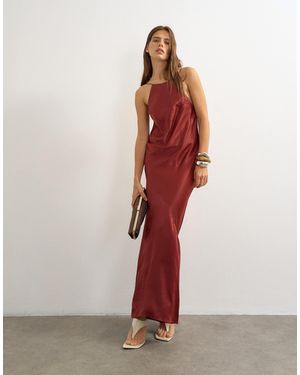TOPSHOP Satin Bias Halter Neck Open Scoop Back Maxi Dress - Red