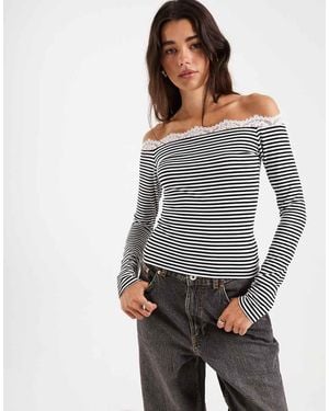 ASOS Off Should Long Sleeve With Lace Trim Top - Grey