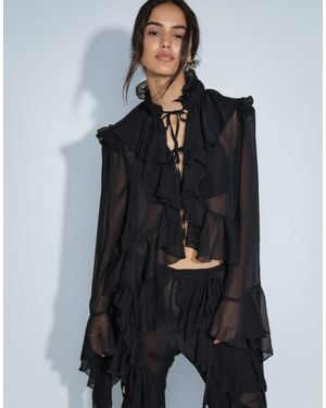 Noughts & Kisses Chiffon Extreme Ruffle Tie Front Drape Sleeve Blouse Co-Ord - Blue