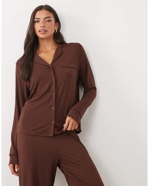 ASOS Viscose Super Soft Long Sleeve Shirt & Trouser Pyjama Set - Brown