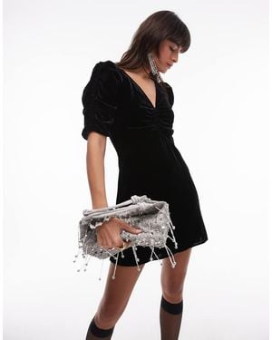 & Other Stories Velvet Mini Dress With Ruche Front Bodice And Puff Sleeves - Black