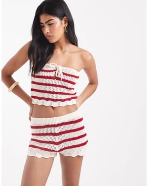 Miss Selfridge Knitted Stripe Crochet Booty Shorts Co Ord - Red