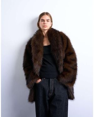 TOPSHOP Abrigo Midi Marrón Con Cuello Estilo Esmoquin De Piel Sintética De - Negro